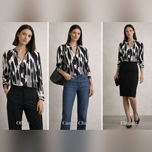 Theory Silk Ikat Print Blouse Size M Black White Button Front Hi Low Hem